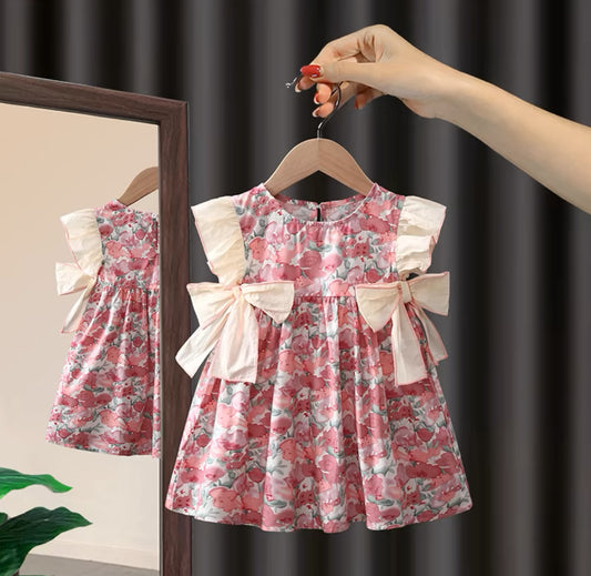 Pink Floral Ruffle Sleeve Baby Dress with Bows