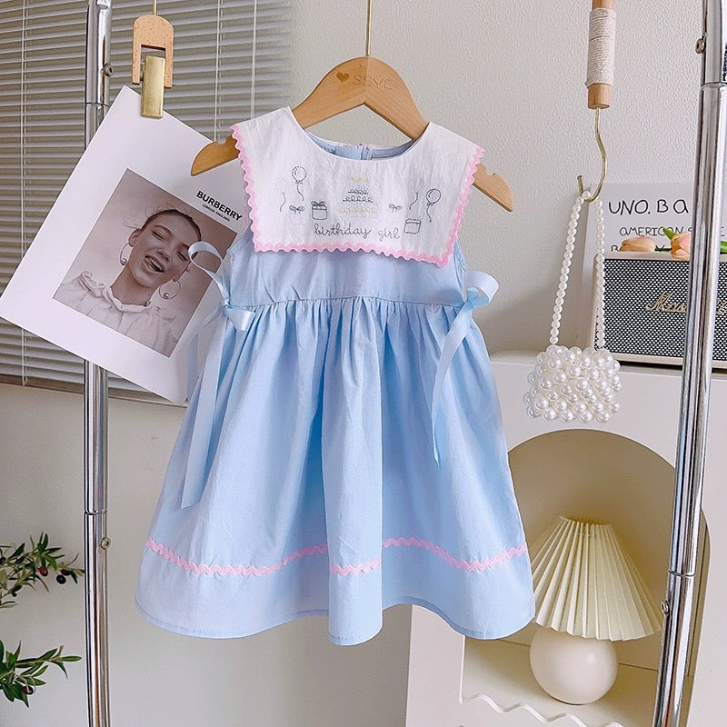 “Birthday Girl” Embroidered Blue Baby Dress