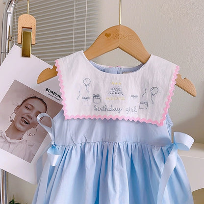 “Birthday Girl” Embroidered Blue Baby Dress