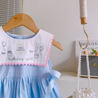 “Birthday Girl” Embroidered Blue Baby Dress